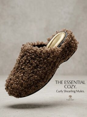 Fuzzy Feet Curly Shearling Mules — Brown